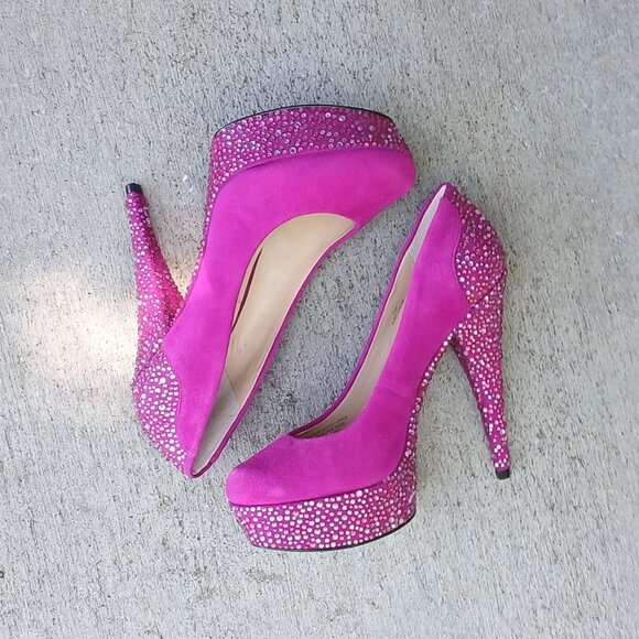 Enzo Angiolini Dark Pink Fuchsia Platform High Stiletto Heels with Rhinestones - Picture 3 of 8